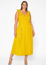 Plus Size Ruffle Trim Wrapped Maxi Dress in Mustard by Shop at Konus