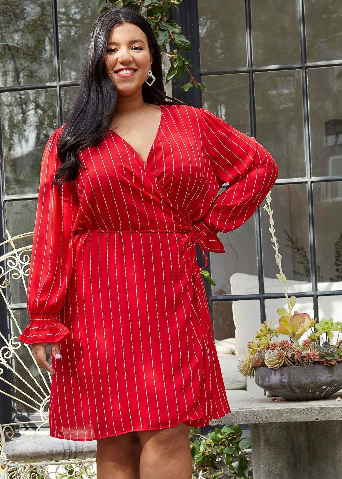 Plus Size Smocked Bell Sleeve Wrap Dress in Red by Shop at Konus