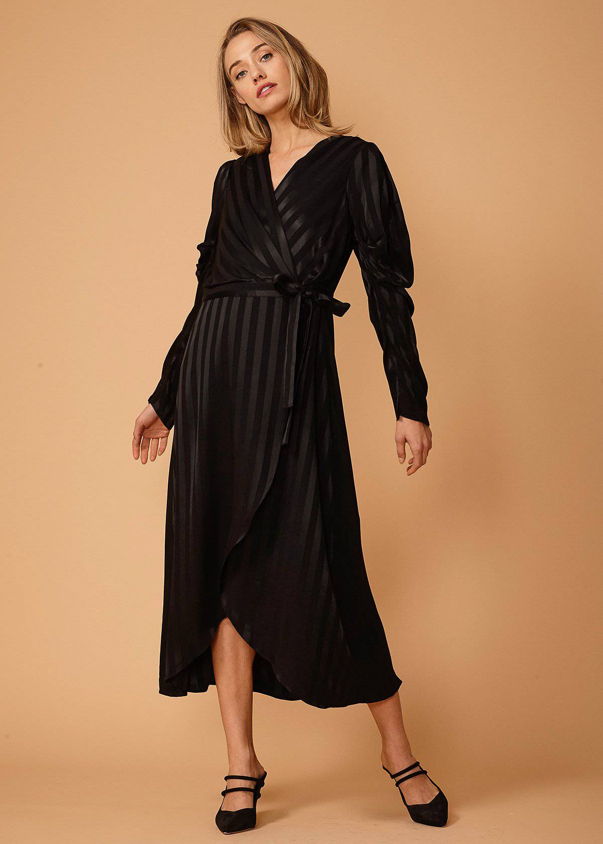 Women's Puffy Shoulder Dress in Black Stripe by Shop at Konus