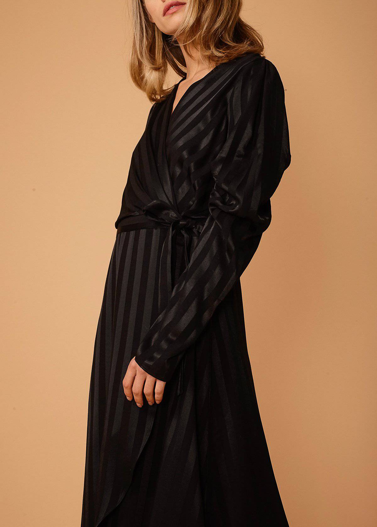 Women's Puffy Shoulder Dress in Black Stripe by Shop at Konus