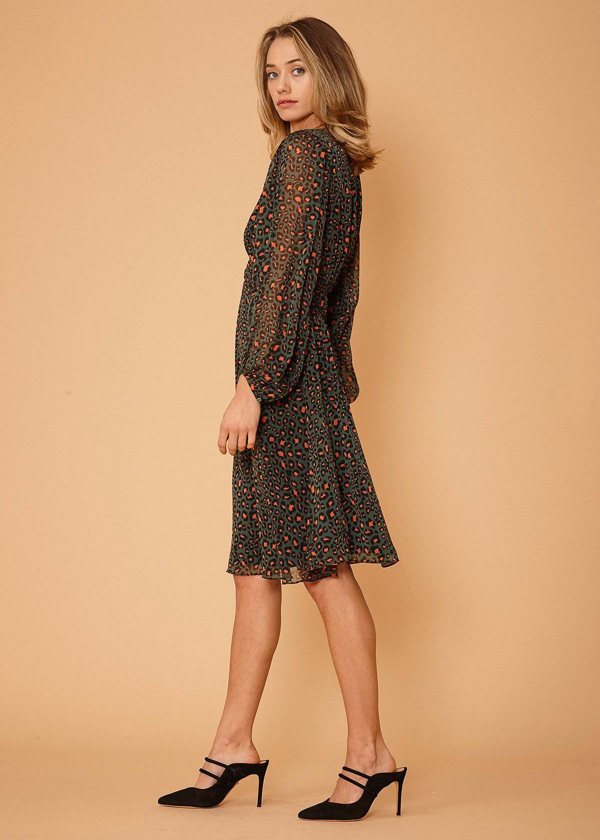 Women's V-neck Midi Dress in Leopard Hunt by Shop at Konus