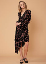 Women's Velvet Asymmetric Wrap Dress in Falling Floral by Shop at Konus