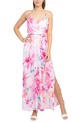 Tahari ASL V-Neck Spaghetti Strap Tie Waist Zipper Back Multi Print Slit Side Satin Dress by Curated Brands