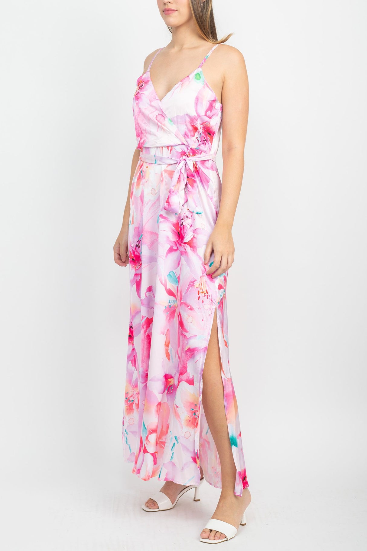 Tahari ASL V-Neck Spaghetti Strap Tie Waist Zipper Back Multi Print Slit Side Satin Dress by Curated Brands