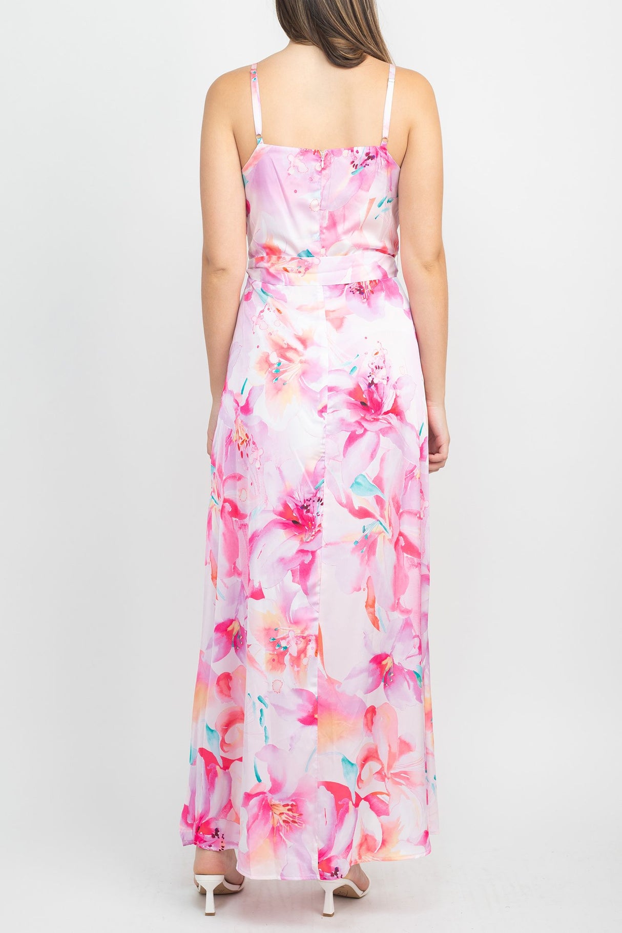 Tahari ASL V-Neck Spaghetti Strap Tie Waist Zipper Back Multi Print Slit Side Satin Dress by Curated Brands