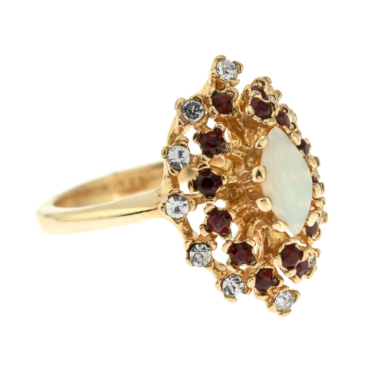 Vintage Ring Genuine Opal with Clear and Ruby Austrian Crystals 18kt Yellow Gold Electroplated by PVD Vintage Jewelry