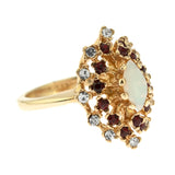 Vintage Ring Genuine Opal with Clear and Ruby Austrian Crystals 18kt Yellow Gold Electroplated by PVD Vintage Jewelry