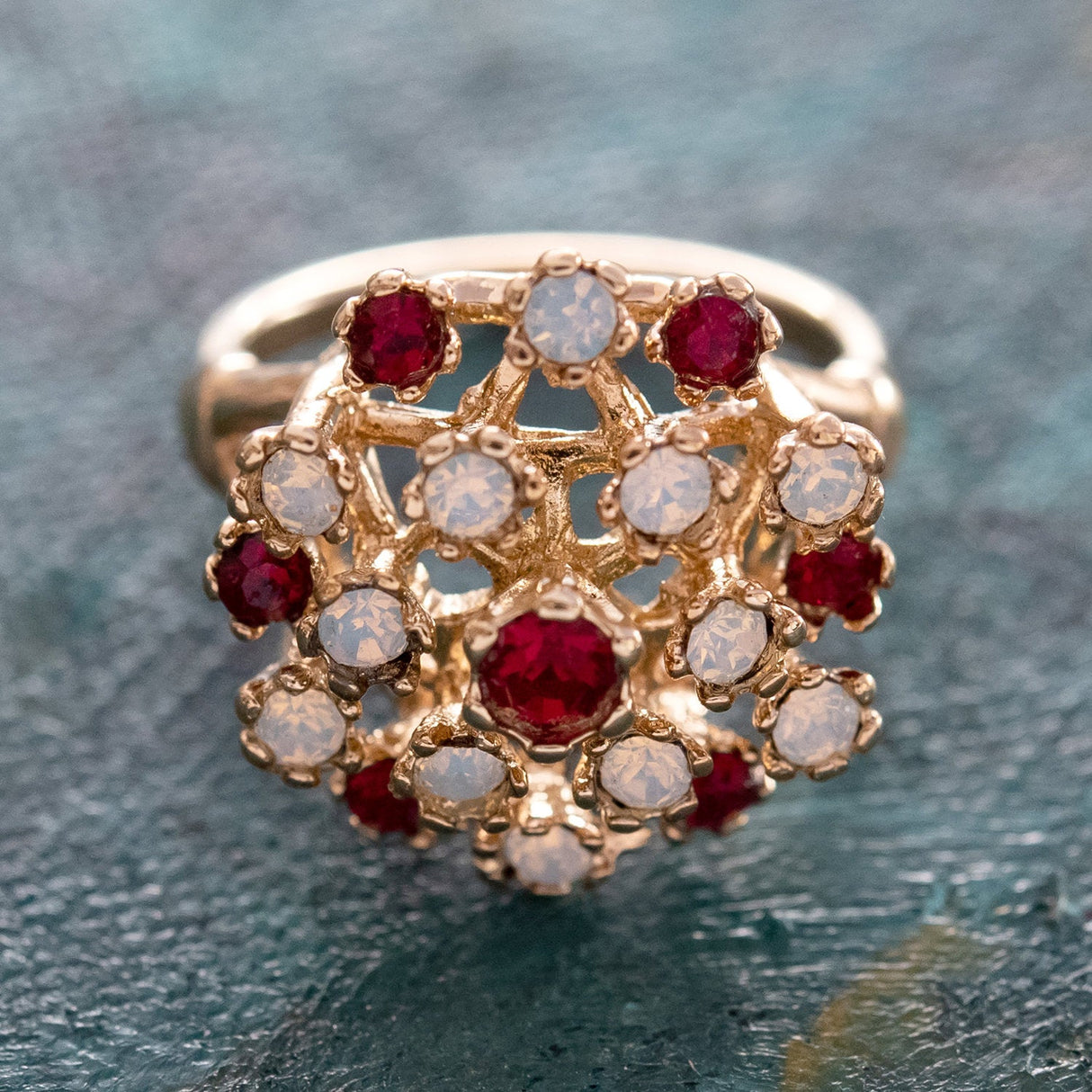 Vintage Ring Ruby Austrian Crystals and Pinfire Opals 18k White Gold Electroplate Made in the USA by PVD Vintage Jewelry