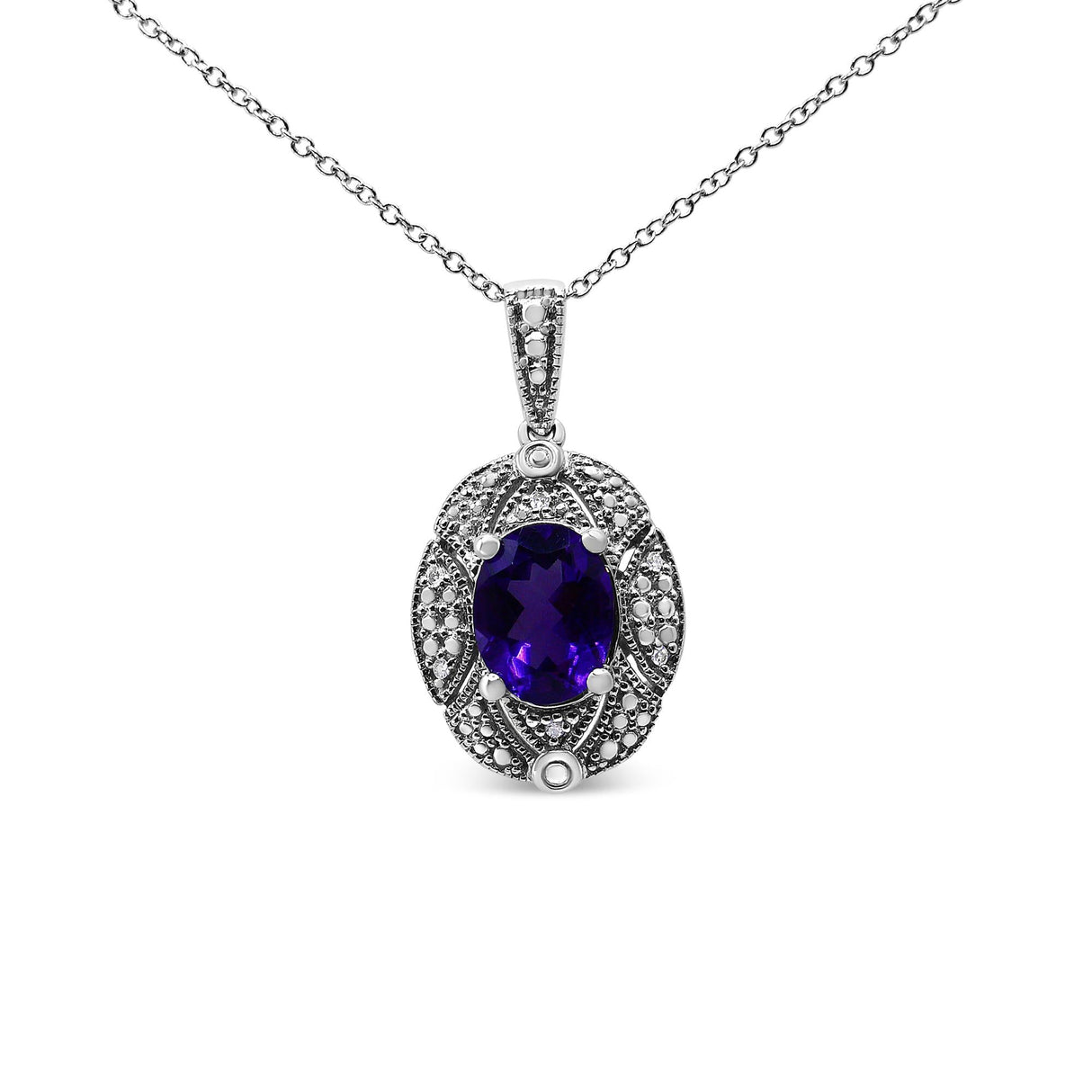 .925 Sterling Silver Diamond Accent and 9x7mm Purple Oval Amethyst Gemstone Pendant 18" Necklace (I-J Color, I1-I2 Clarity) by Infinite Jewels