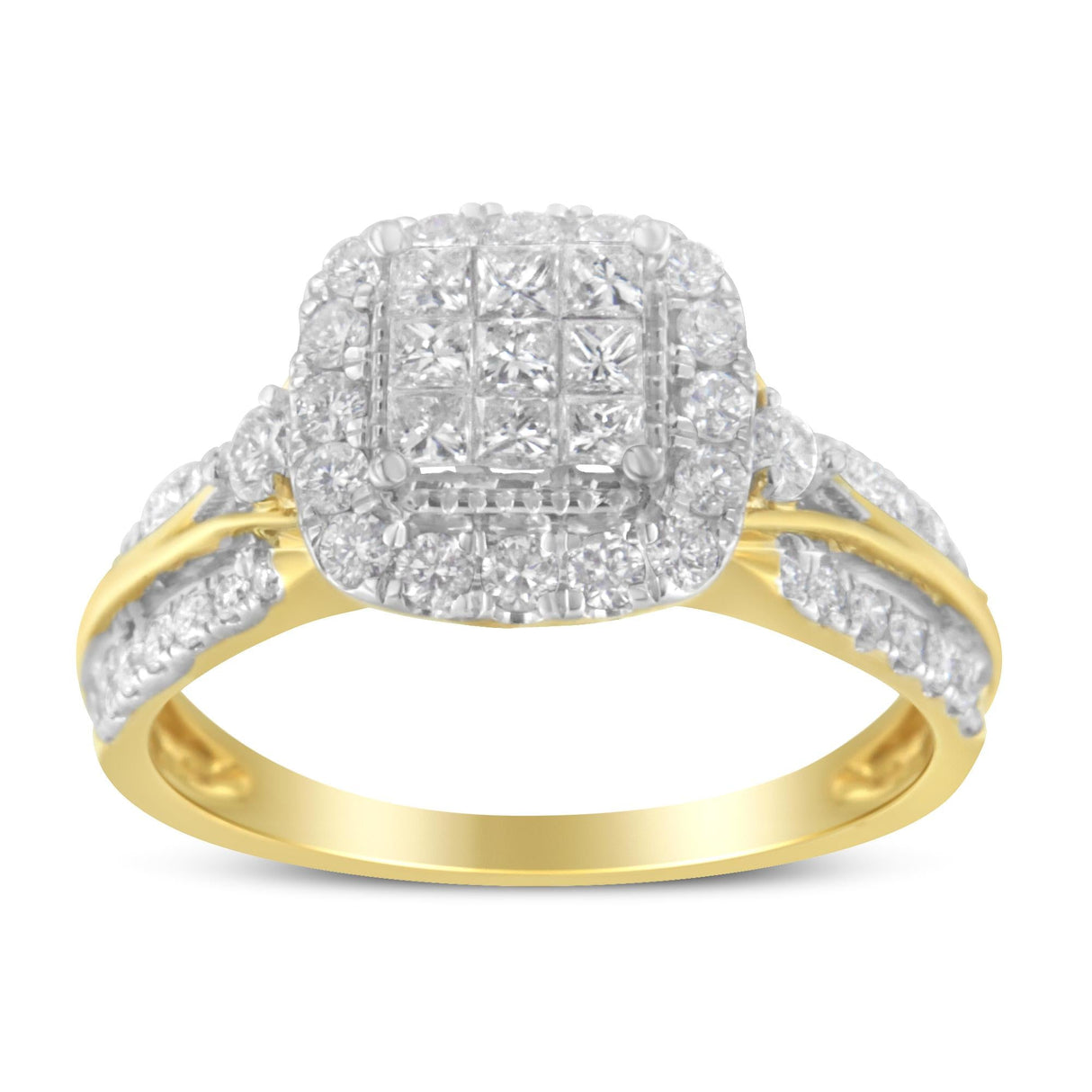 10K Yellow Gold 1.0 Cttw Diamond Composite Cushion-Shape Halo 3-Band-Look Engagement Ring (H-I Color, SI1-SI2 Clarity) by Infinite Jewels