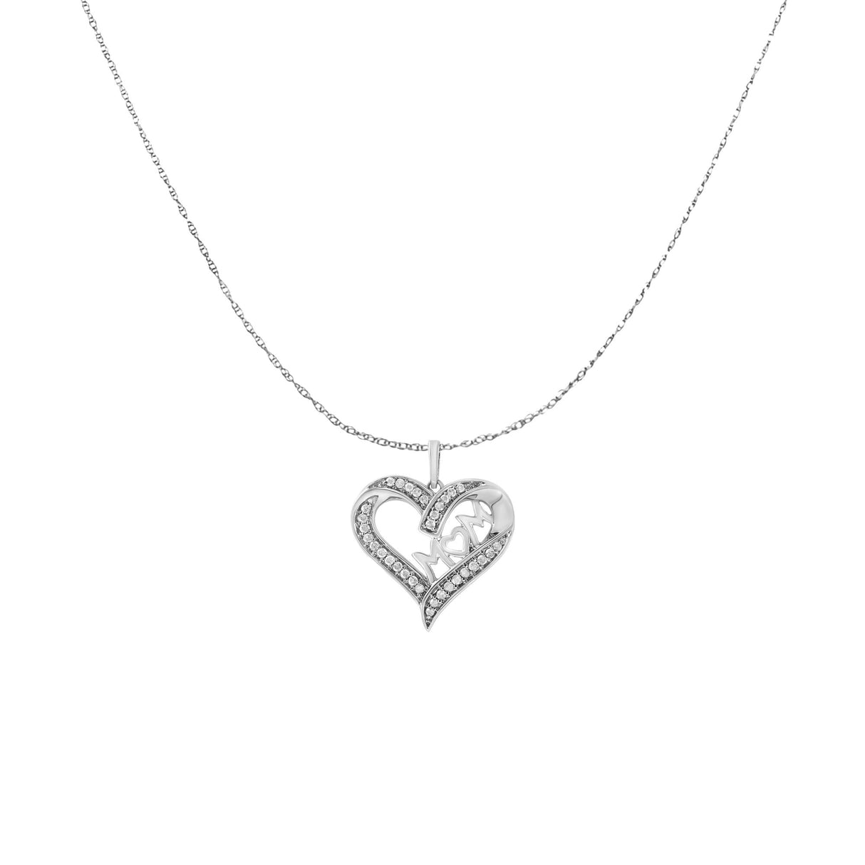 .925 Sterling Silver 1/4 cttw Diamond Engraved "Mom" in Heart Pendant Necklace (I-J Color, I3 Clarity) by Haus of Brilliance