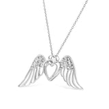 .925 Sterling Silver Pave-Set Diamond Accent Angel Wing 18" Double Heart Pendant Necklace (I-J Color, I1-I2 Clarity) by Infinite Jewels