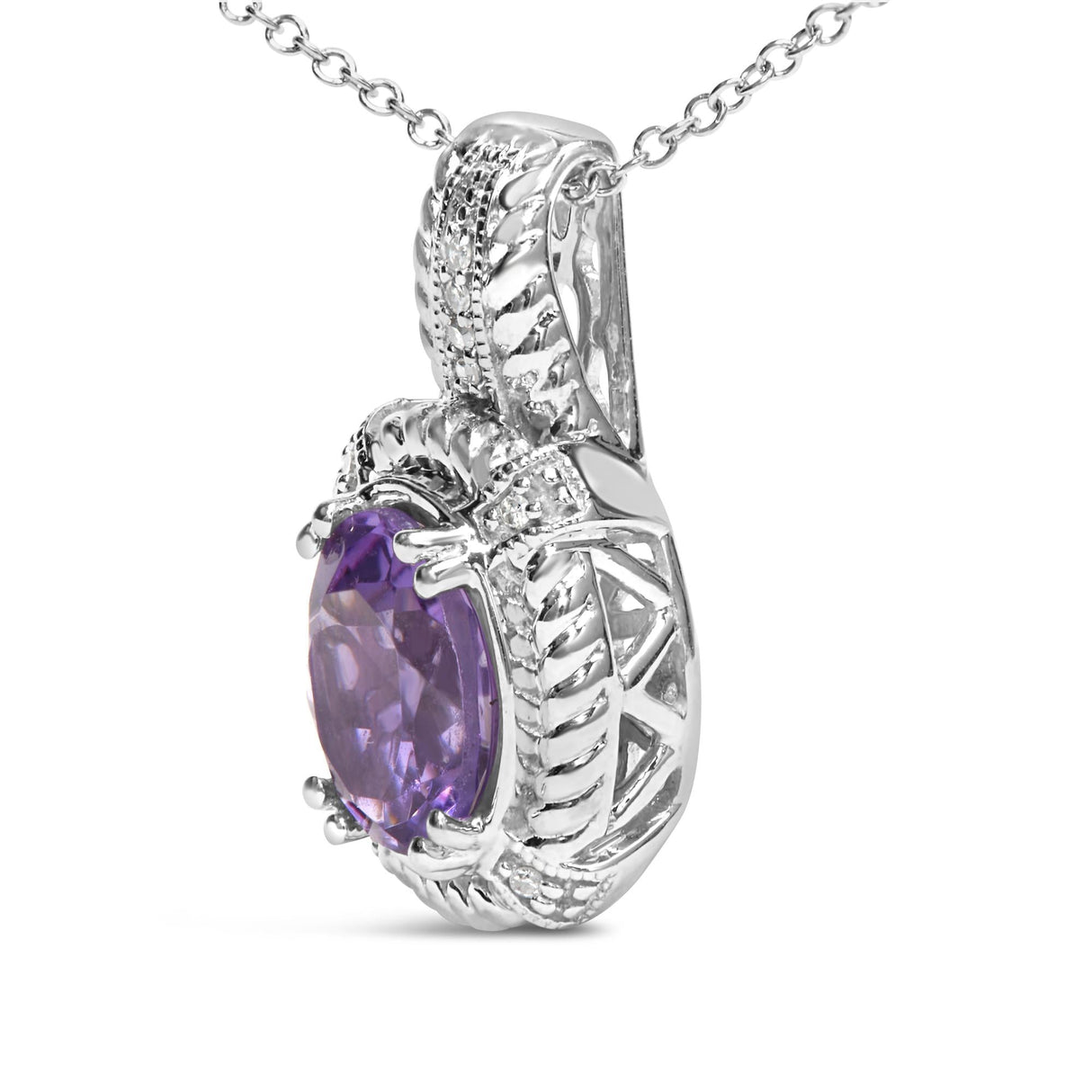 .925 Sterling Silver 9x7mm Oval Purple Amethyst and Round Diamond Accent Fashion Drop Pendant 18 Inch Necklace (I-J Color, I1-I2 Clarity) by Haus of Brilliance