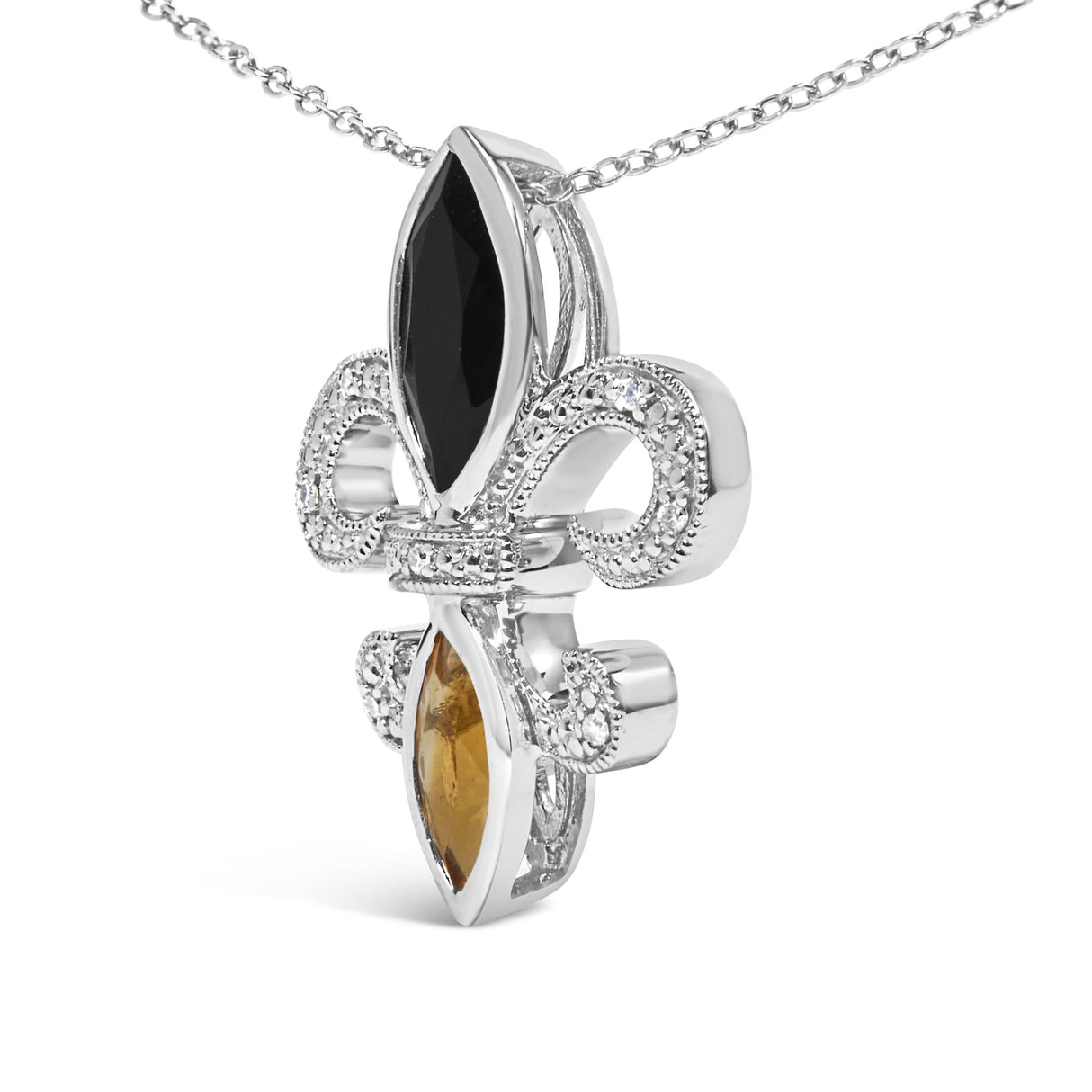 .925 Sterling Silver Marquise Onyx and Citrine and Diamond Accent Fleur De Lis Pendant Necklace (H-I Color, SI1-SI2 Clarity) - 18" by Haus of Brilliance