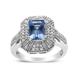 .925 Sterling Silver Diamond Accent and 8X6 mm Emerald-Shape Blue Topaz Ring (I-J Color, I2-I3 Clarity) by Haus of Brilliance