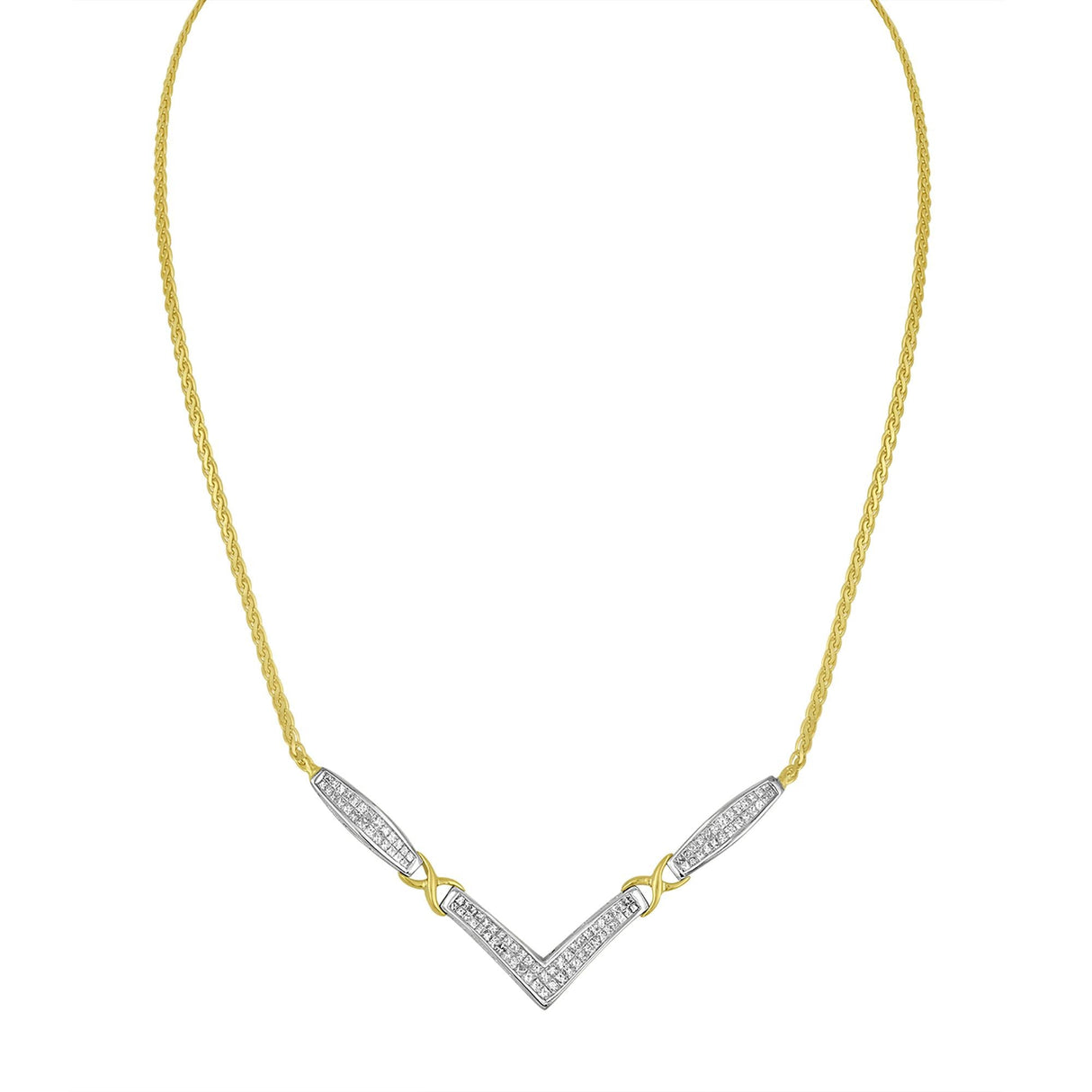 14K Yellow and White Gold 2.0 Cttw Princess Cut Diamond Flared and X-Station V Shaped 18” Franco Chain Statement Necklace (H-I Color, SI2-I1 Clarity) by Infinite Jewels