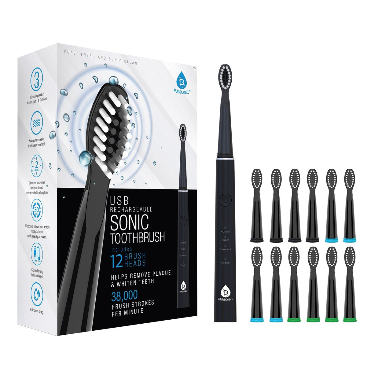 USB Rechargeable Sonic toothbrush with 12 Brush Heads by Pursonic