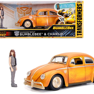 Volkswagen Beetle Weathered Yellow with Robot on Chassis and Charlie Diecast Figurine "Bumblebee" (2018) Movie ("Transformers" Series) "Hollywood Rides" Series 1/24 Diecast Model Car by Jada