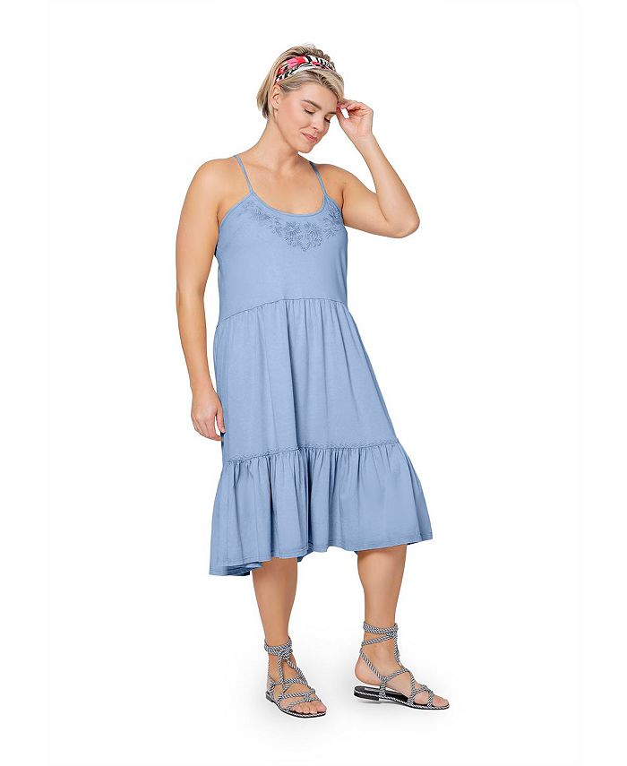 Leota Women's Esmeralda Embroidered Tiered Hem Cotton Chambray Sundress Blue Size 2X by Steals