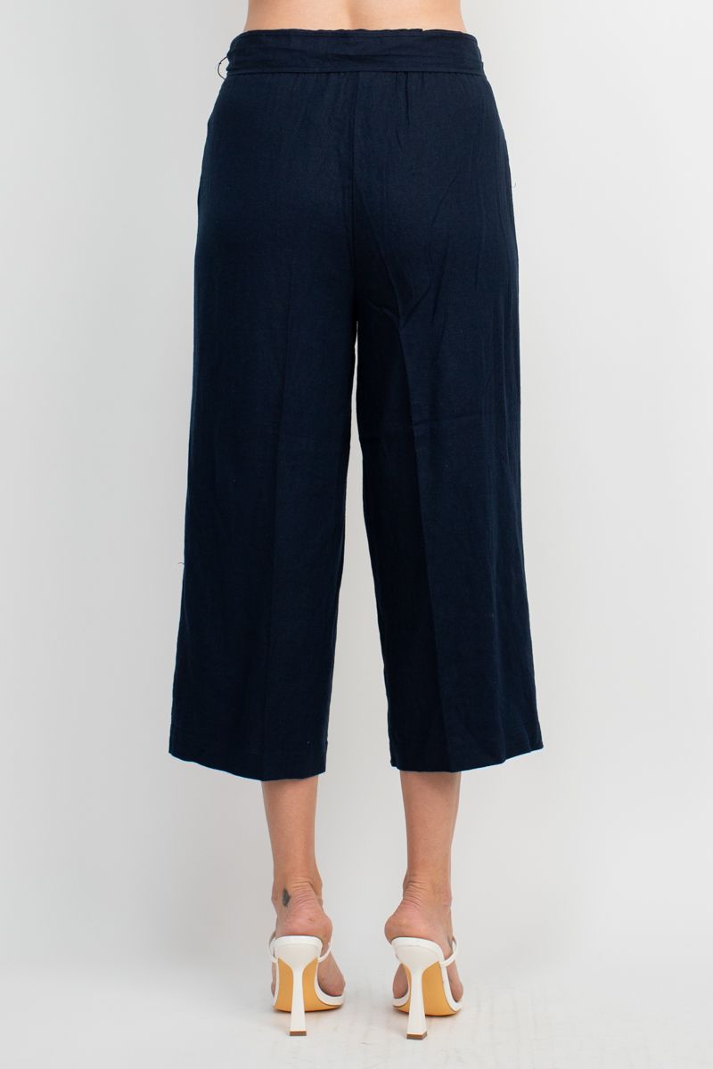 Land N Sea Elastic Mid Waist Tie Waist Wide Leg Linen Pant with Pockets by Curated Brands