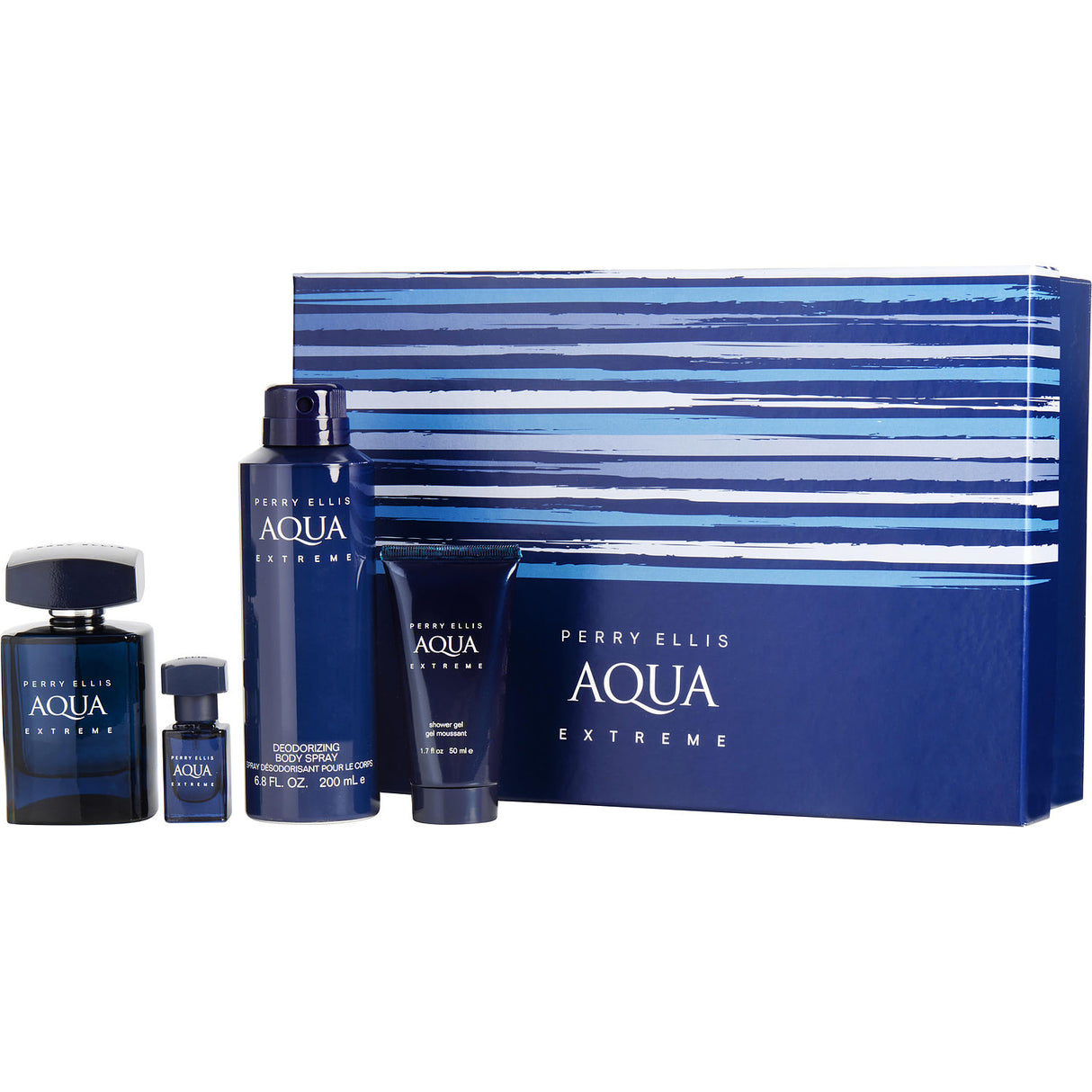 PERRY ELLIS AQUA EXTREME by Perry Ellis - EDT SPRAY 3.4 OZ & DEODORANT BODY SPRAY 6.8 OZ & SHOWER GEL 1.7 OZ & EDT SPRAY 0.25 OZ MINI - Men