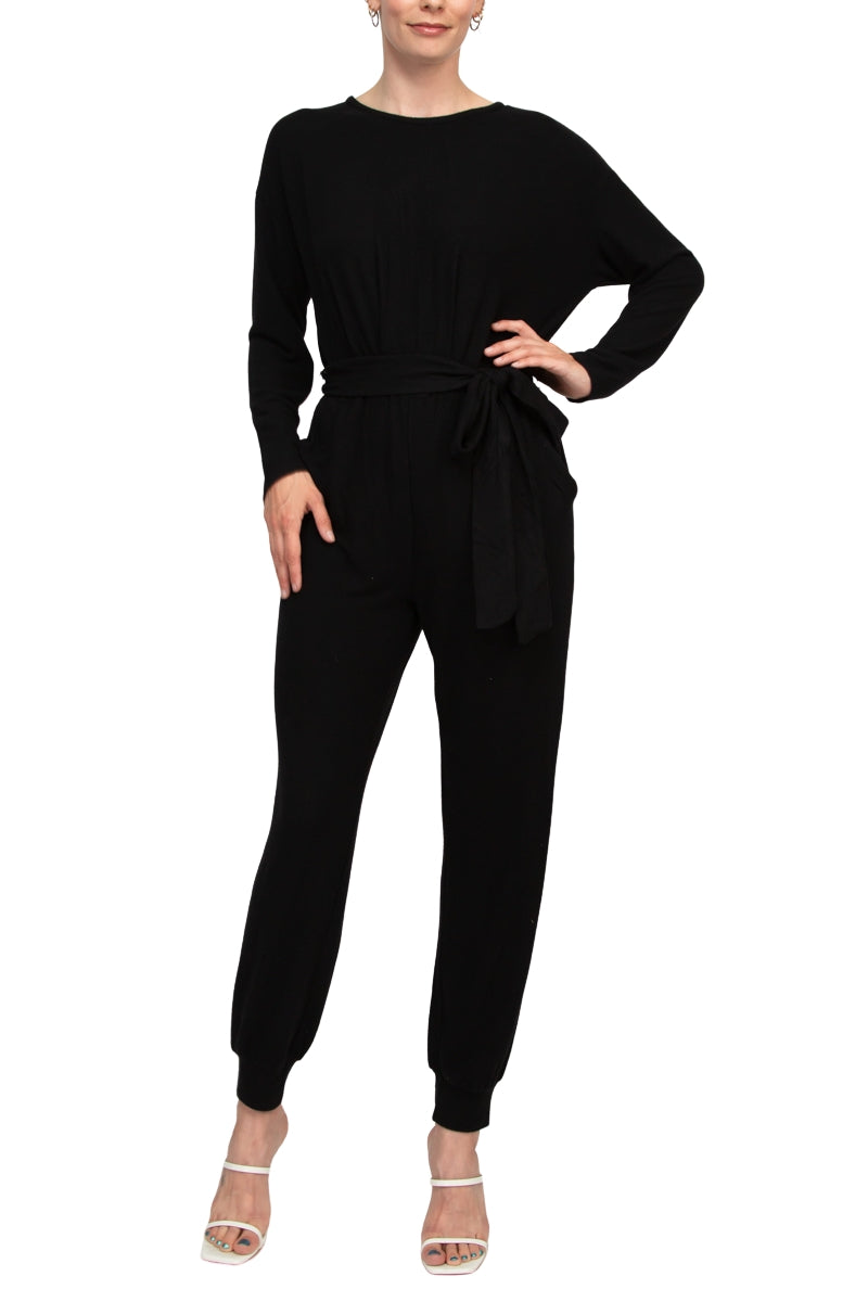 Philosophy Crew Neck Dolman Long Sleeve Tie Waist Elastic Hem Pockets Jersey Knit Jumpsuit by Curated Brands