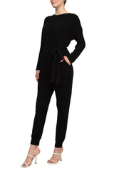 Philosophy Crew Neck Dolman Long Sleeve Tie Waist Elastic Hem Pockets Jersey Knit Jumpsuit by Curated Brands