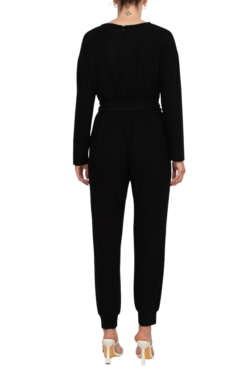 Philosophy Crew Neck Dolman Long Sleeve Tie Waist Elastic Hem Pockets Jersey Knit Jumpsuit by Curated Brands