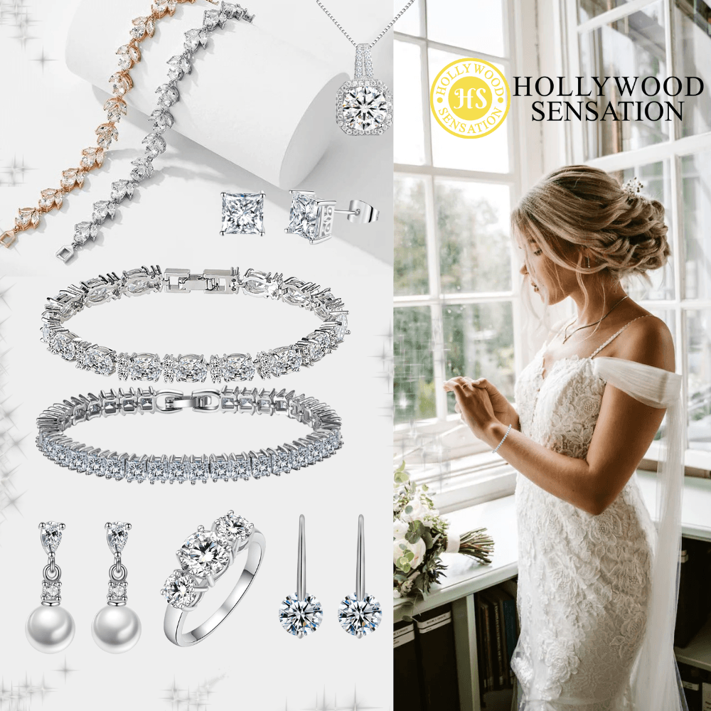 White Gold Cubic Zirconia Necklace Set with Cubic Zirconia Halo Earring Settings by Hollywood Sensation®