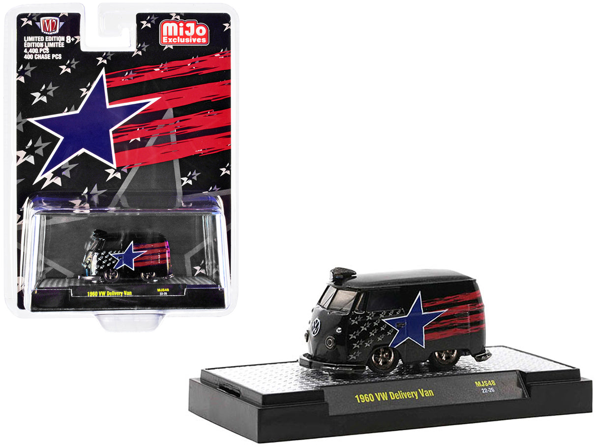 1960 Volkswagen Delivery Van Black with Stars and Stripes Graphics Limited Edition to 4400 pieces Worldwide 1/64 Diecast Model Car by M2 Machines