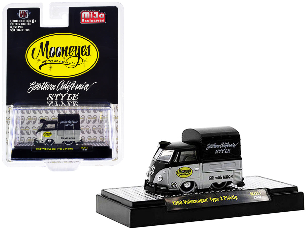 1960 Volkswagen Type 2 Pickup Truck with Canvas Cover "Mooneyes Southern California Style" Black and Gray Limited Edition to 6050 pieces Worldwide 1/64 Diecast Model Car by M2 Machines