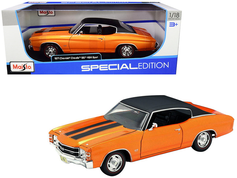 1971 Chevrolet Chevelle SS 454 Sport Orange Metallic with Black Top and Black Stripes 1/18 Diecast Model Car by Maisto