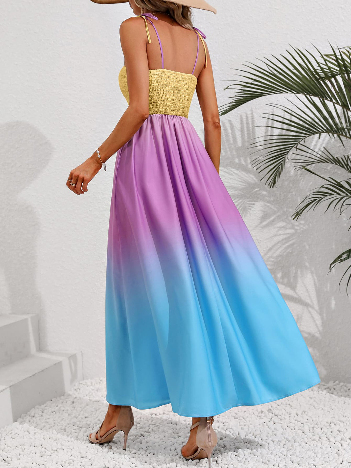 Color Block Tie Shoulder Smocked Maxi Dress by Faz