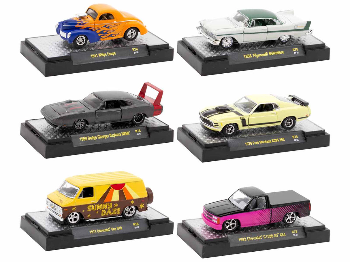 "Auto Meets" Set of 6 Cars IN DISPLAY CASES Release 78 Limited Edition 1/64 Diecast Model Cars by M2 Machines