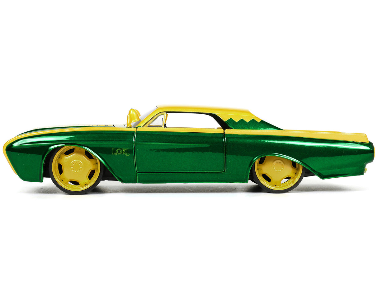 1963 Ford Thunderbird Green and Yellow Metallic with Hood Graphics and Loki Diecast Figure "Loki" "Marvel" Series 1/24 Diecast Model Car by Jada