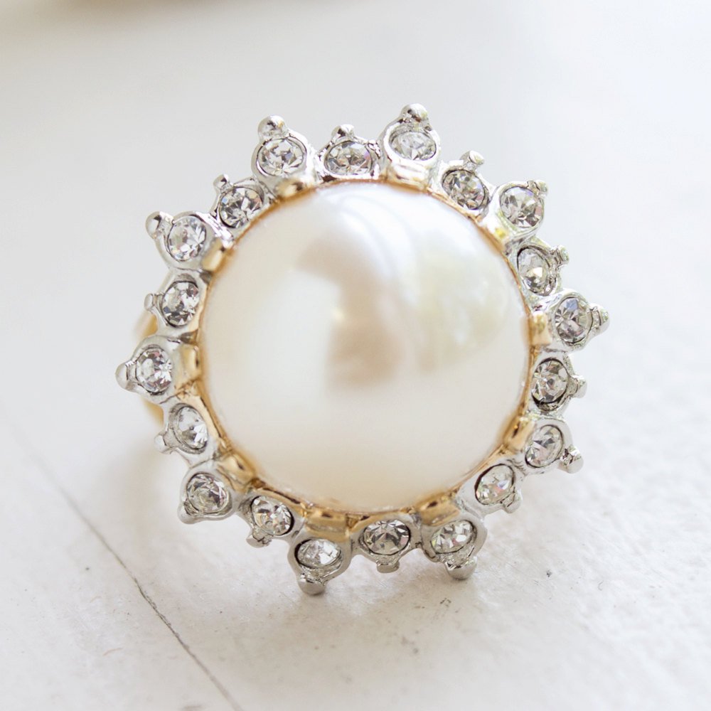 Vintage Ring 1970s Pearl Bead and Swarovski Crystal Ring 18k Gold  #R1782 by PVD Vintage Jewelry