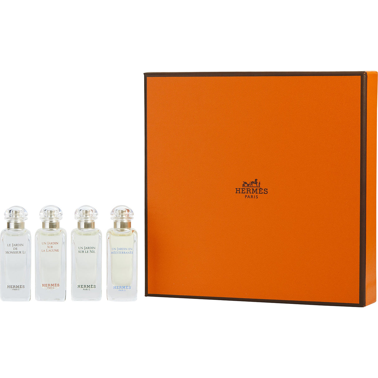 HERMES VARIETY by Hermes - 4 PIECE MINI VARITY WITH UN JARDIN EN MEDITERRANEE & LE JARDIN DE MONSIEUR LI & UN JARDIN SUR LE NIL & UN JARDIN SUR LA LAGUNE AND ALL ARE EDT 0.25 OZ - Unisex