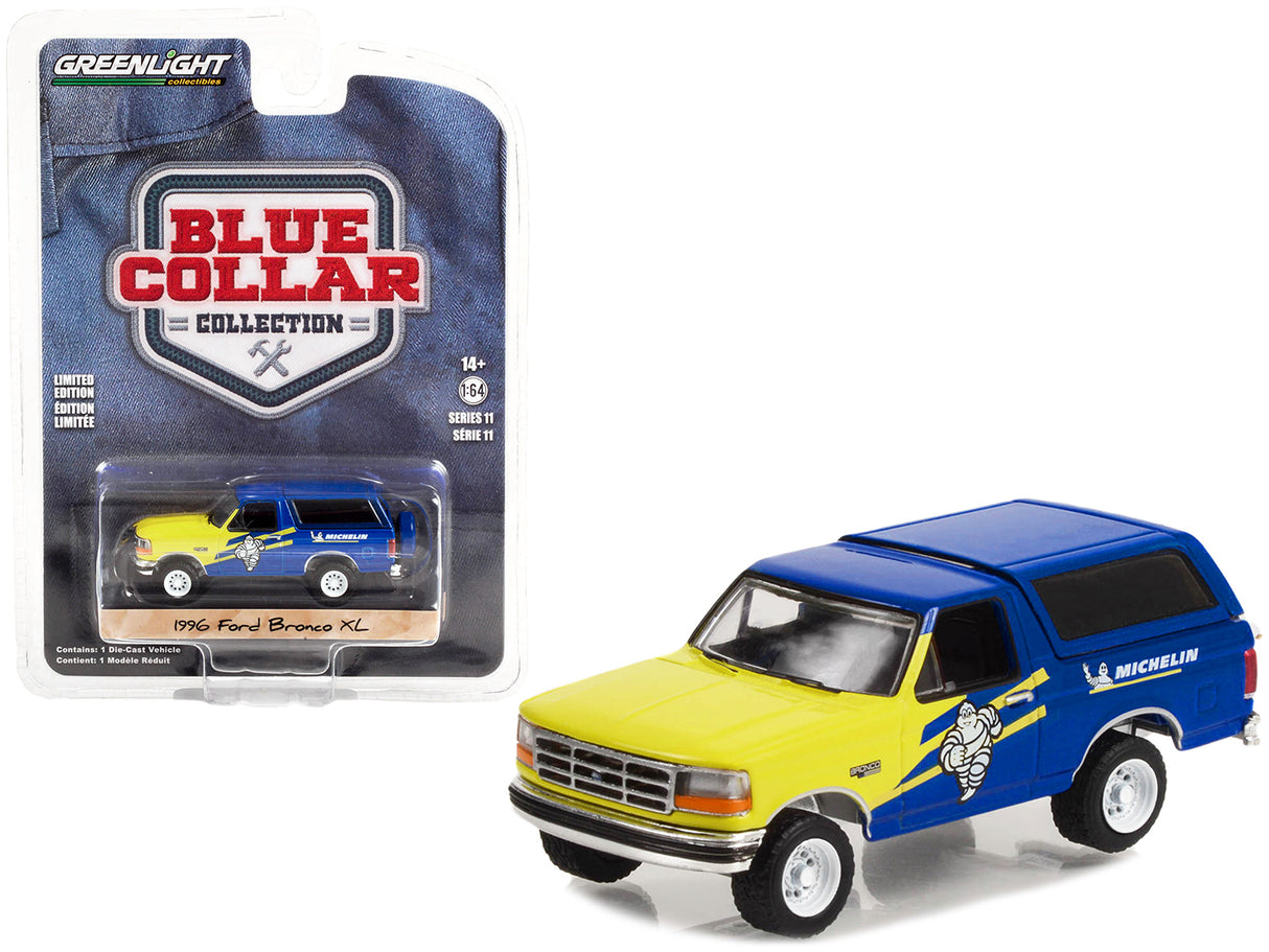 1996 Ford Bronco XL Blue and Yellow "Michelin Tires" "Blue Collar Collection" Series 11 1/64 Diecast Model Car by Greenlight