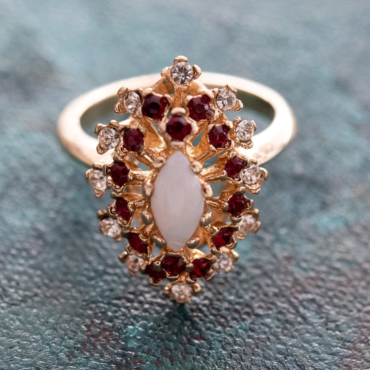 Vintage Ring Genuine Opal with Clear and Ruby Austrian Crystals 18kt Yellow Gold Electroplated by PVD Vintage Jewelry