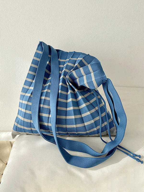 Contrast Color Pleated Striped Woven Handbag by migunica