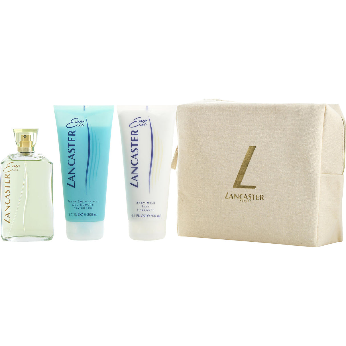 EAU DE LANCASTER by Lancaster - EDT SPRAY 4.2 OZ & BODY MILK 6.8 OZ & SHOWER GEL 6.8 OZ & TOTE - Unisex