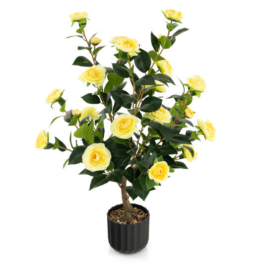 38 Inch Artificial Camellia Tree Faux Flower Plant in Cement Pot-Yellow