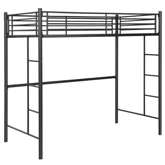 Twin Loft Bed Frame with 2 Ladders Full-length Guardrail -Black