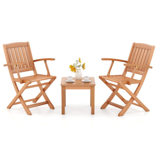 3 PCS Eucalyptus Wood Patio Bistro Set with 2 Folding Arm Chairs