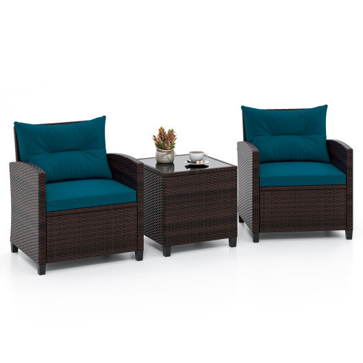 3 Pieces Rattan Patio Furniture Set with Washable Cushion-Peacock Blue