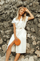 ARYA Safari Linen Midi Dress In Off White by BrunnaCo