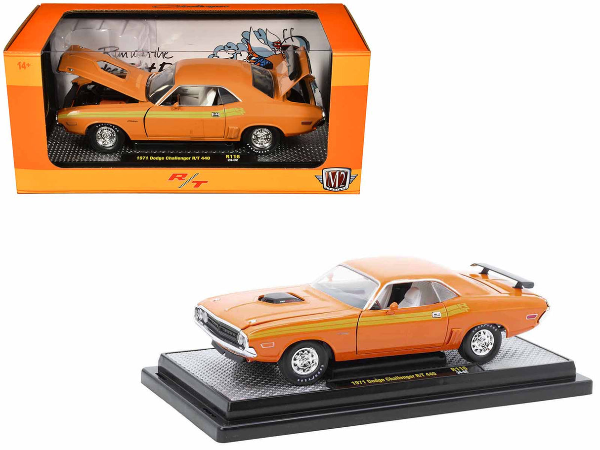 1970 Dodge Challenger R/T 440 Orange with Yellow Stripes and White Interior Limited Edition to 5250 pieces Worldwide 1/24 Diecast Model Car by M2 Machines