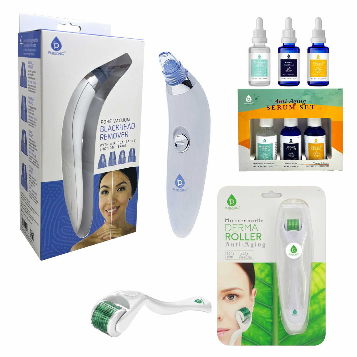 Pursonic Ultimate Rejuvenation Bundle: Micro Needle Derma Roller, Pore Vacuum Blackhead Remover & 3-Pack Anti-Aging Serum Set by Pursonic