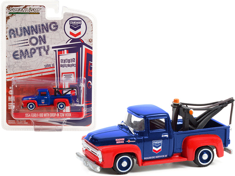 1954 Ford F-100 Tow Truck with Drop-in Tow Hook "Standard Oil" Blue and Matt Red "Running on Empty" Series 13 1/64 Diecast Model Car by Greenlight