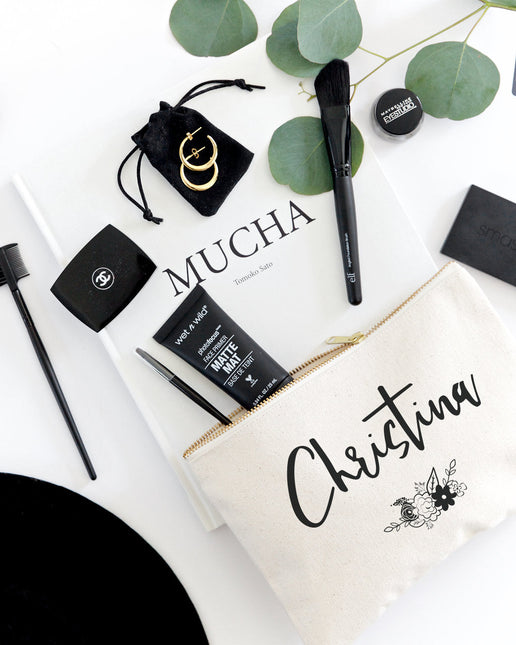 Personalized Name Black and White Floral Cosmetic Bag and Travel Make Up Pouch by The Cotton & Canvas Co.